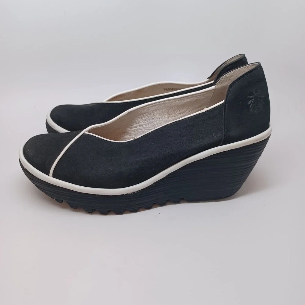 Fly London Black Nubuck Leather Asymmetrical Wedge Platform Pumps 38 or 7